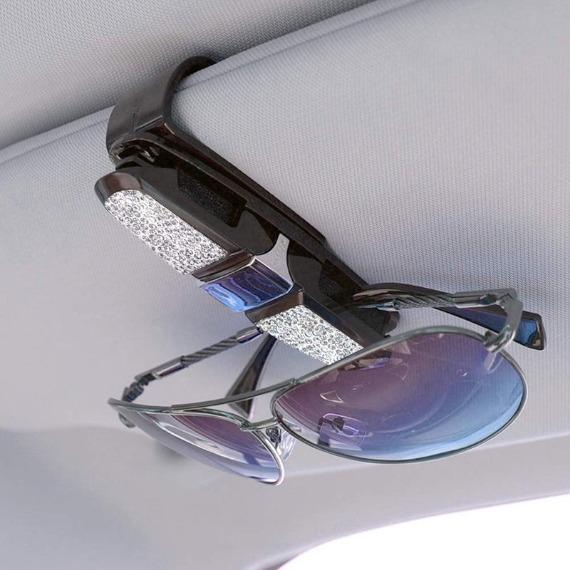 FineGood 2 Pack Glasses Holders for Car Sun Visor, Glasses Holder Clip with Rhinestones Crystal Fashion Biling Sunglass Eyeglass Mount Hanger-Sliver & Balck - Image 2